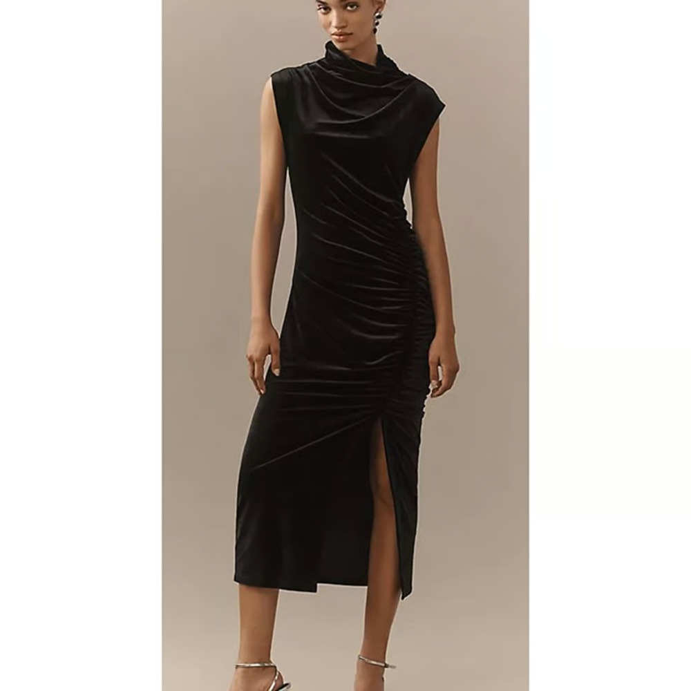 Anthropologie Maya Stretch Velvet Ruched Cowl Neck Midi Dress XL Black NWT
